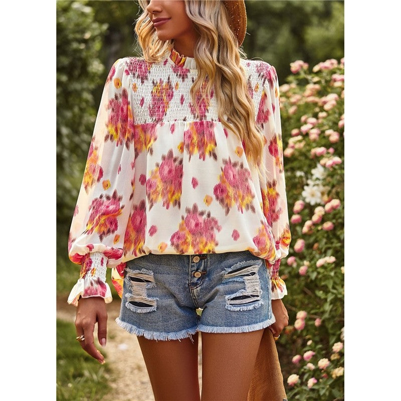 Long Sleeves Floral Printed Double-Layer Blouse