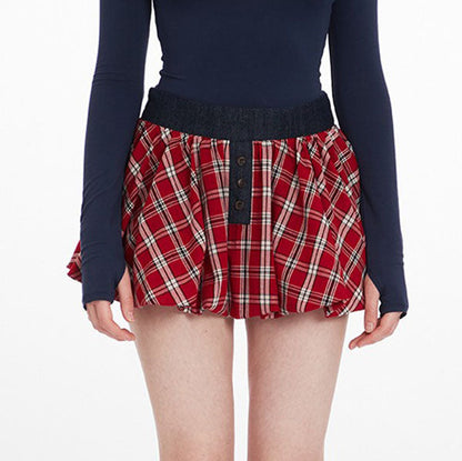 Plaid Pleated Puff Mini Skirt