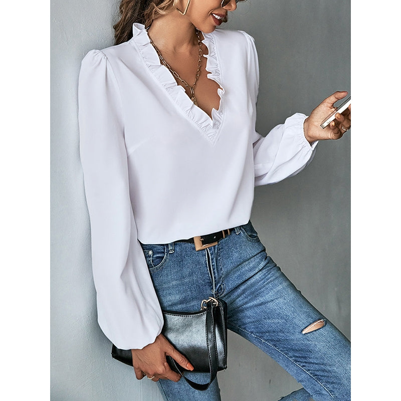 Long Sleeves Loose Ruffled Solid Color V-Neck Blouses&Shirts Tops