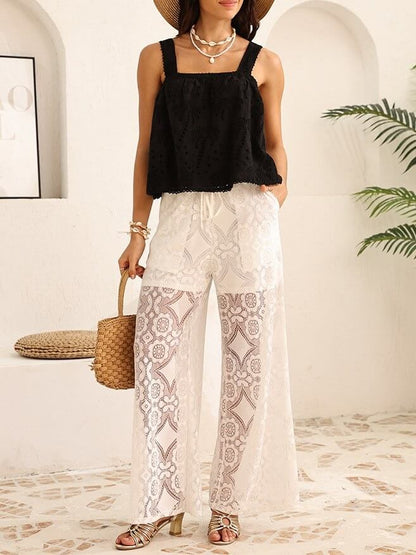 Palm Tree Embroidery Hollow Cotton Tank Top