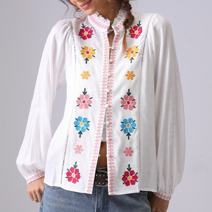 Elegant Flower Embroidered Button Down Top