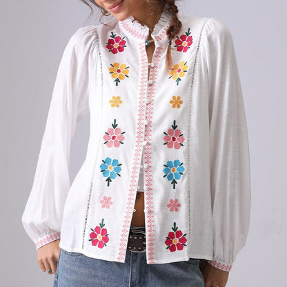 Elegant Flower Embroidered Button Down Top