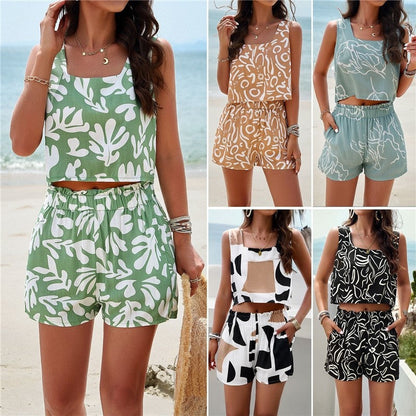 Printing Sleeveless Square Neck Tank Top And Elastic Waist Shorts Two Pieces Suits