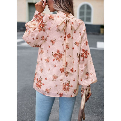 Long Sleeves Half Turtleneck Bandage Floral Printed Blouse