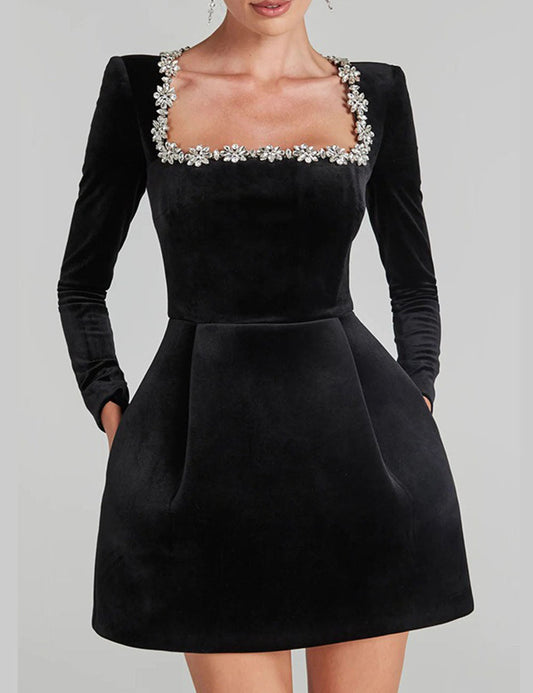 Elegant Velvet Rhinestone Trim Mini Dress
