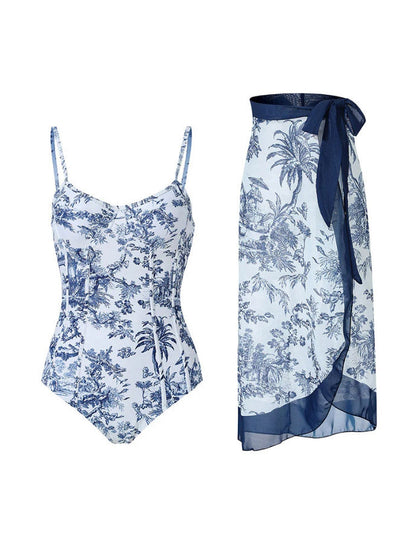 Vintage Print Slim Fit Swimwear with Cover Dress