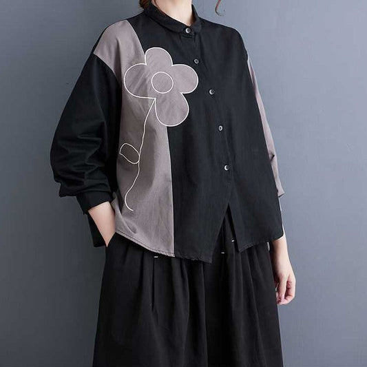 Long Sleeve Lapel Single Breasted Embroidery Loose Blouse