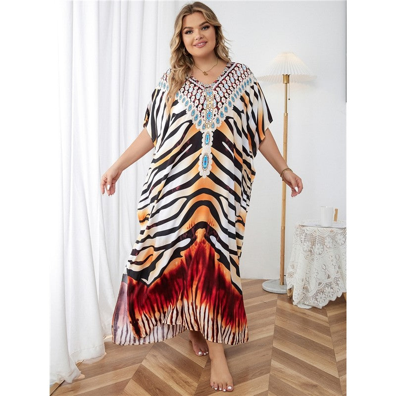 Contrast Color Printing V-Neck Short Sleeve Casual Loose Long Beach Dress Bikini Cover-Up