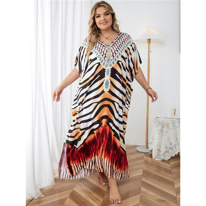 Contrast Color Printing V-Neck Short Sleeve Casual Loose Long Beach Dress Bikini Cover-Up