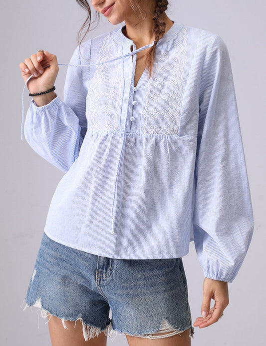 Striped Embroidered V-Neck String Shirt