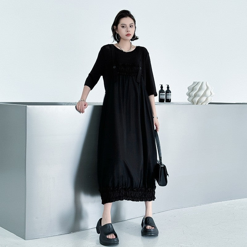 Mesh Panel Pleated Strapless Loose Fit Maxi Dress