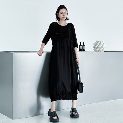 Mesh Panel Pleated Strapless Loose Fit Maxi Dress