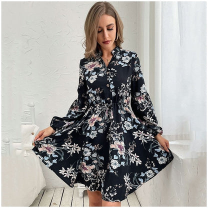 Black Vintage Long Sleeve Printed Dress