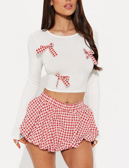 Cute Bow Top Plaid Puffy MIni Skirt Set