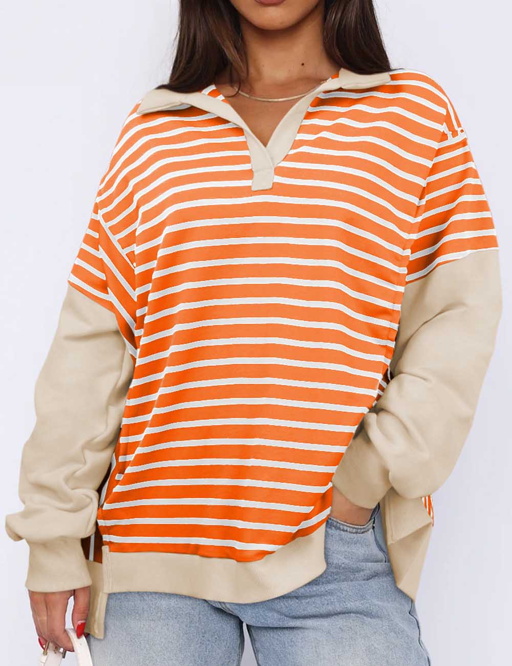 Minimalist Lapel Collar Striped Color Block Top
