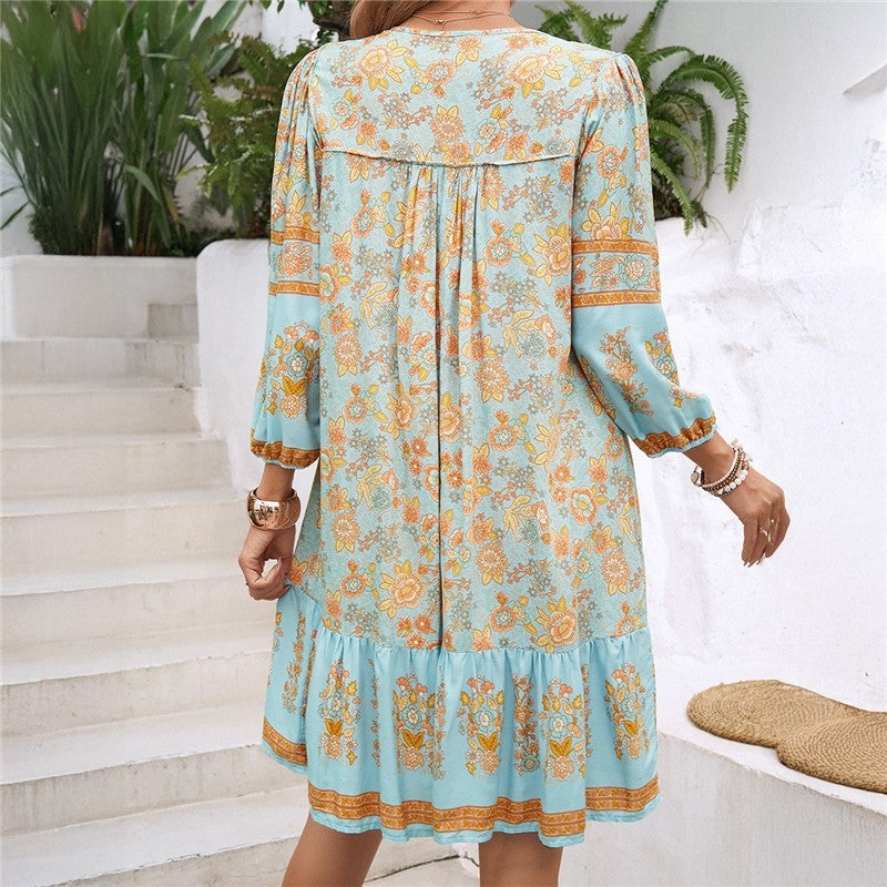 V-Neck Floral Print Ruffle Hem Casual Mini Dress