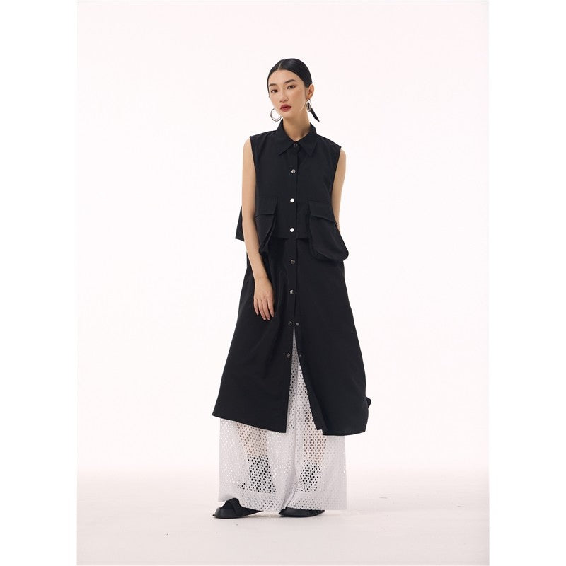 Polo Collar Vest Dress With Large Pocket