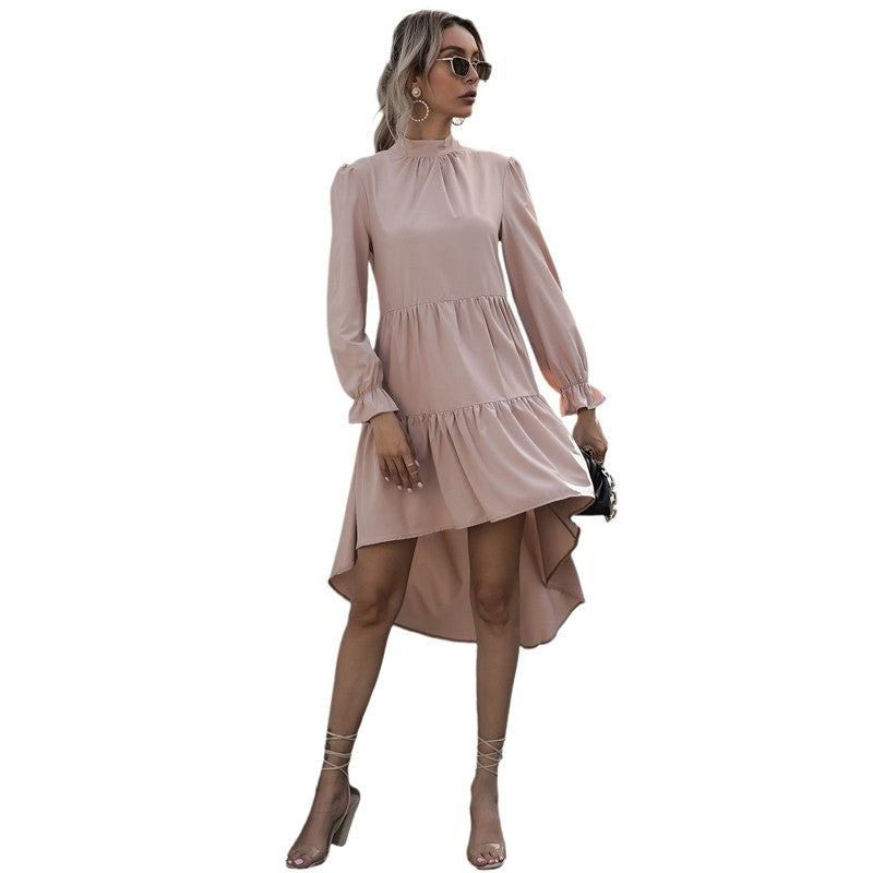 Solid Color Long Sleeve Irregular Half Turtleneck Dress