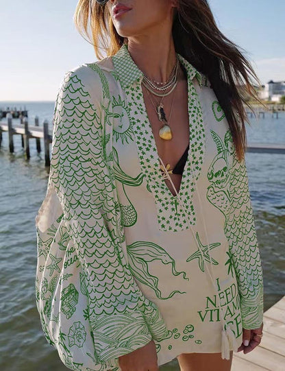 Casual Print Deep V-Neck Top Short Set