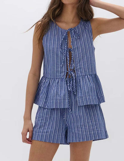 Casual Plaid Tie-Front Top and Shorts Set