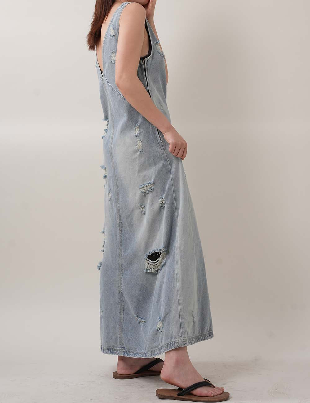 Ripped Washed Sleeveless V-Neck Denim Midi Dresses