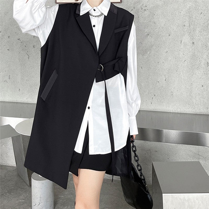 Solid Color Tailored Collar Irregular Tied Loose Vest