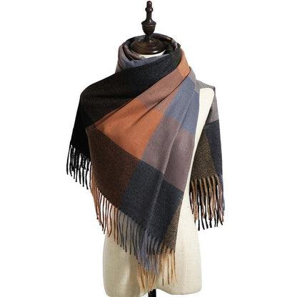 Striped Plaid Print Shawl Tasseled Scarf
