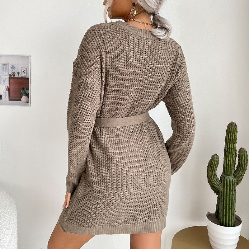 Short Lace-Up Solid Color Long-Sleeved Sweater Dress
