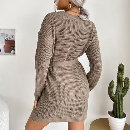 Short Lace-Up Solid Color Long-Sleeved Sweater Dress