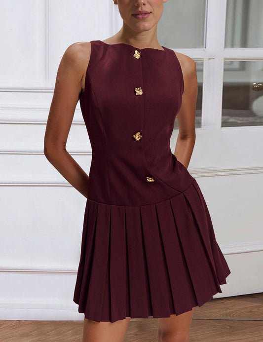 Simple Pleated Solid Color Mini Dress