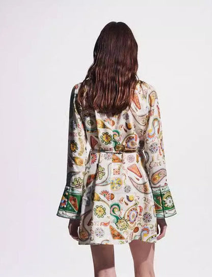 Lapel Floral Print String Waist Mini Dress