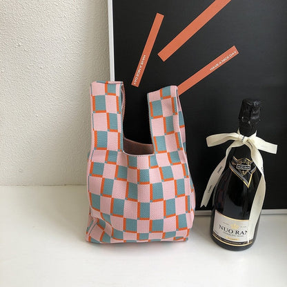 Knit Checkerboard Casual Tote Bag