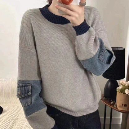 Denim Patchwork Pullover Sweater