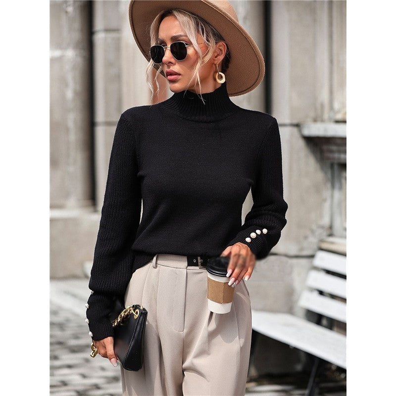 Solid Color Long Sleeve High Neck Casual Loose Pullover Knitted Sweater