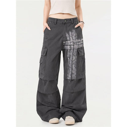 Printed Cargo Pants Retro Pleated Unisex