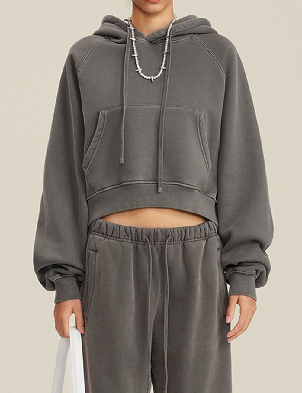 Simple Long Sleeve Drawstring Cropped Hoodie