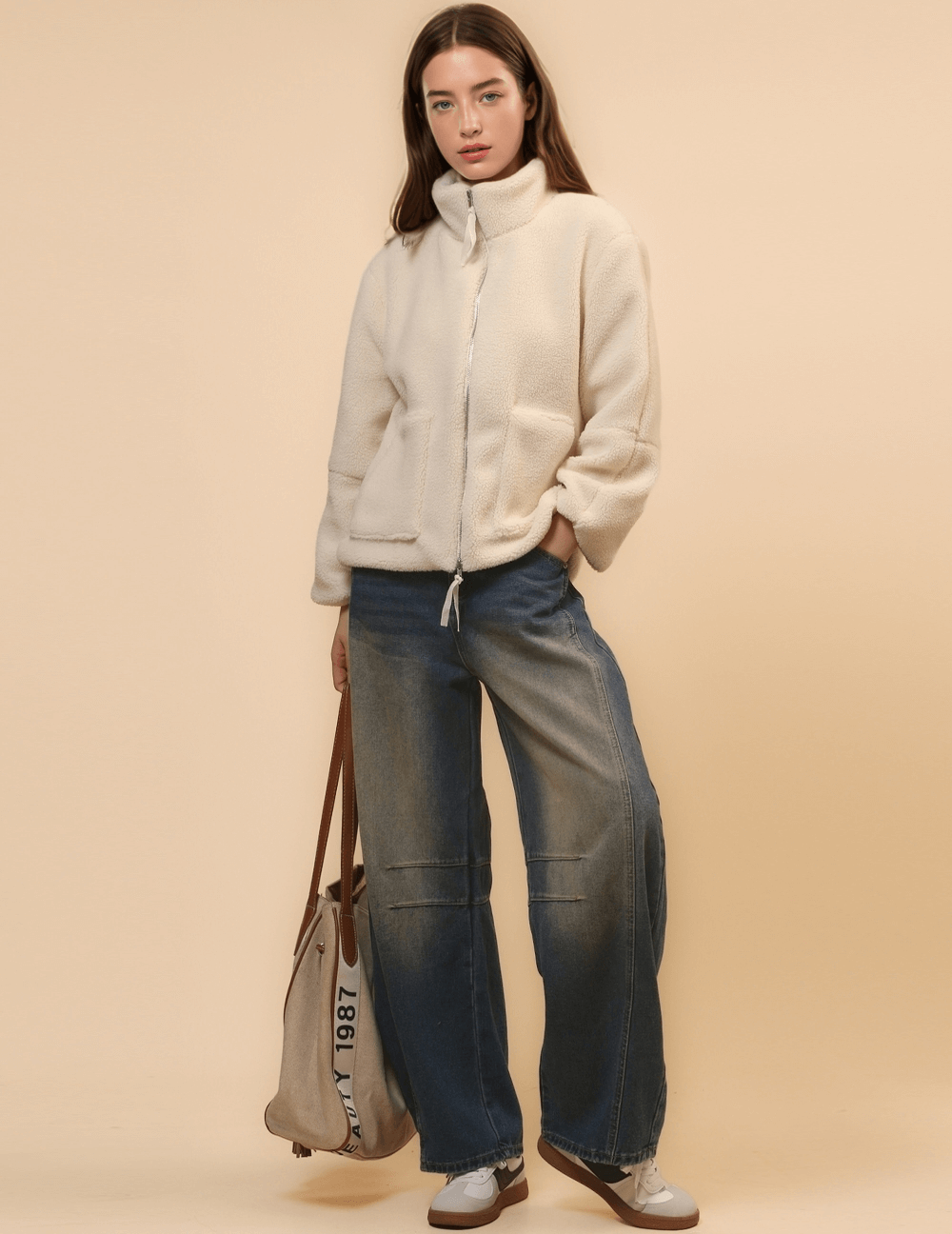 Solid Color Zipper Teddy Fleece Loose Jacket