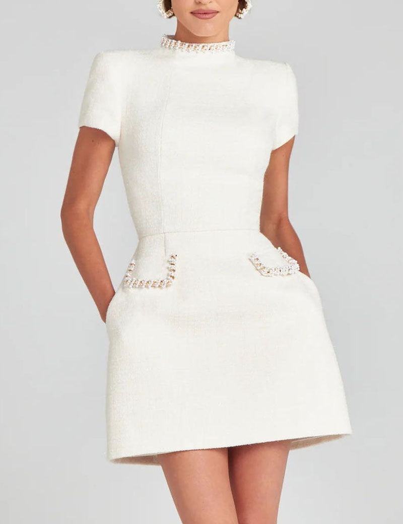 Pearl-Trimmed Slim Tweed Mini Dress