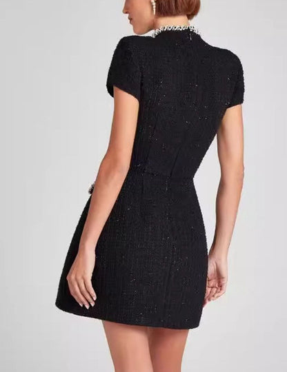 Pearl-Trimmed Slim Tweed Mini Dress
