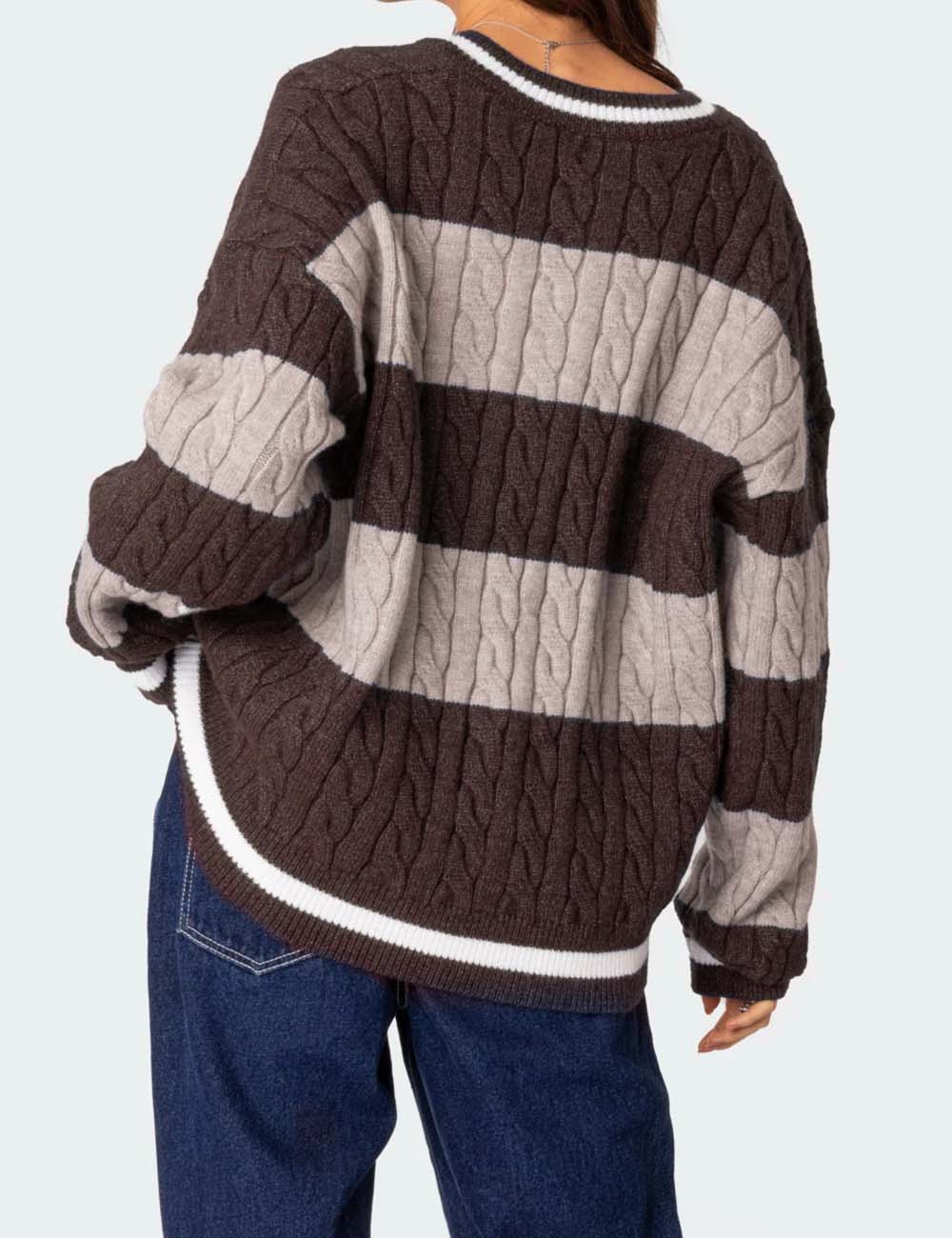 Color Block Striped V-Neck Oversized Sweater