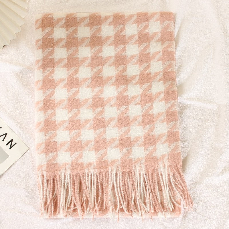 Houndstooth Imitated Cashmere Tassled  Shawl Scarf