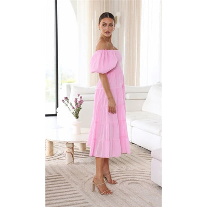 Boat Neck Puff Sleeve Elastic Waist A-Line Long Dress