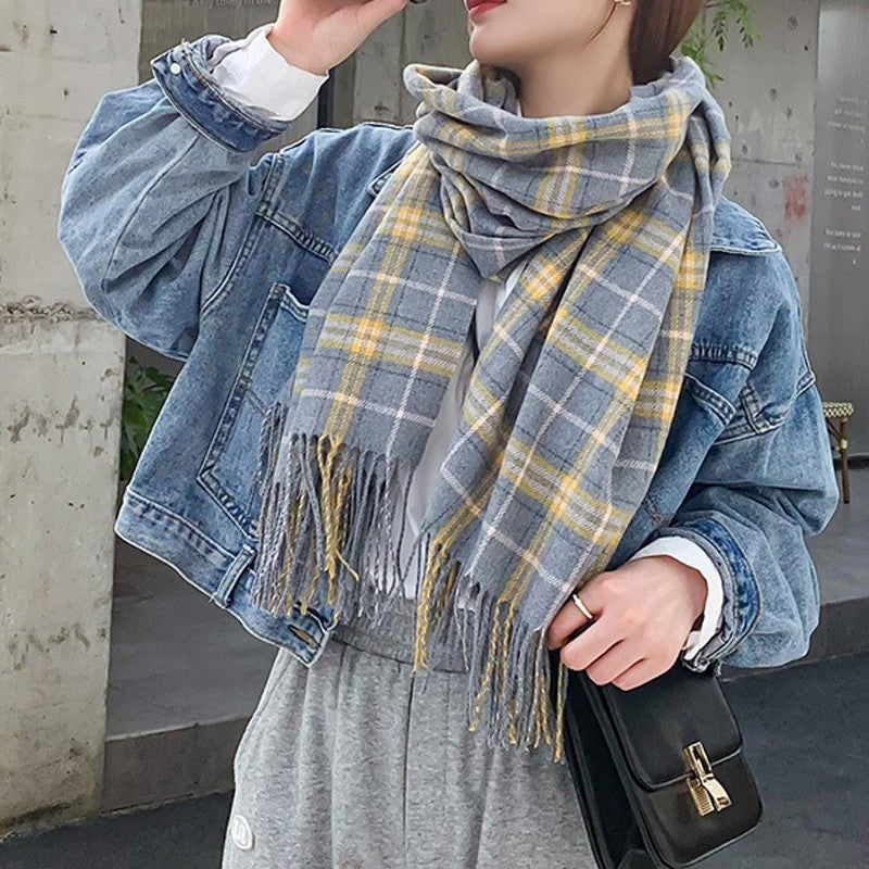 Plaid Print Thick Tassel Shawl Scarf
