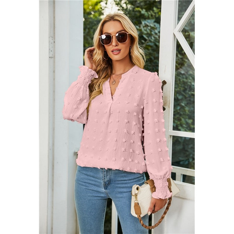 Solid Color V-Neck Long Sleeves Dots Blouse Top