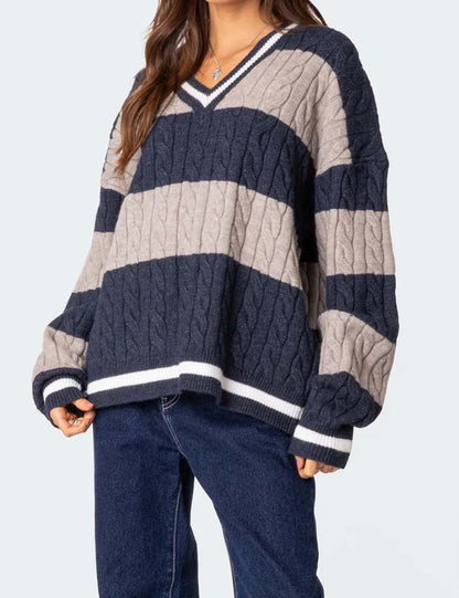 Color Block Striped V-Neck Oversized Sweater