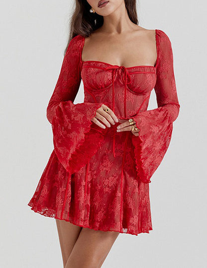 Lace Backless Wrap Floral Sleeves Mini Dress