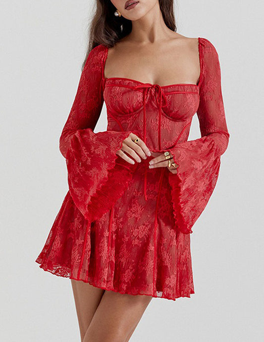 Lace Backless Wrap Floral Sleeves Mini Dress
