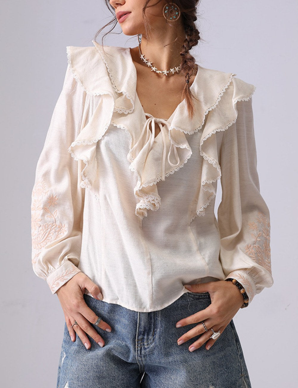 V-Neck Flounce Embroidered String Top