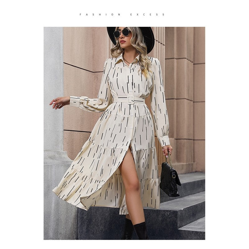 Long Sleeves Lapel Buttoned Belted Printing Shirt Midi Dress