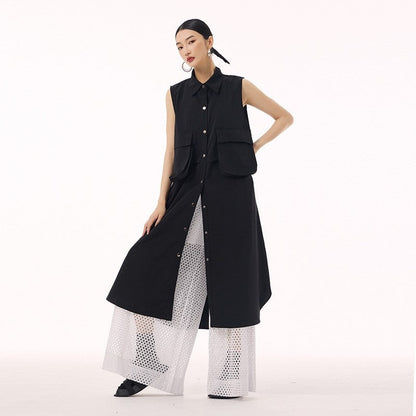 Polo Collar Vest Dress With Large Pocket